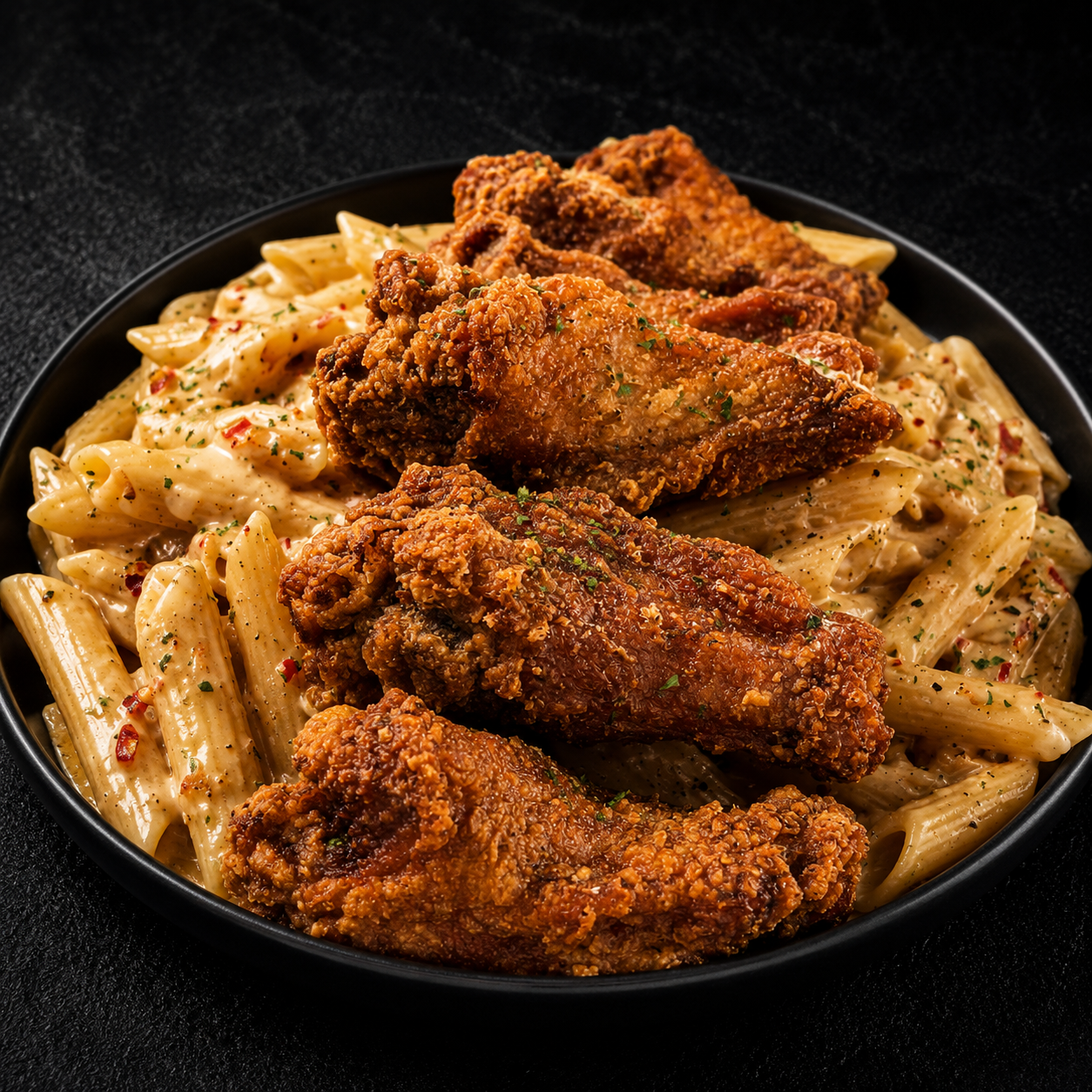 House Of Waffles LV signature pasta with crispy fried chicken wings